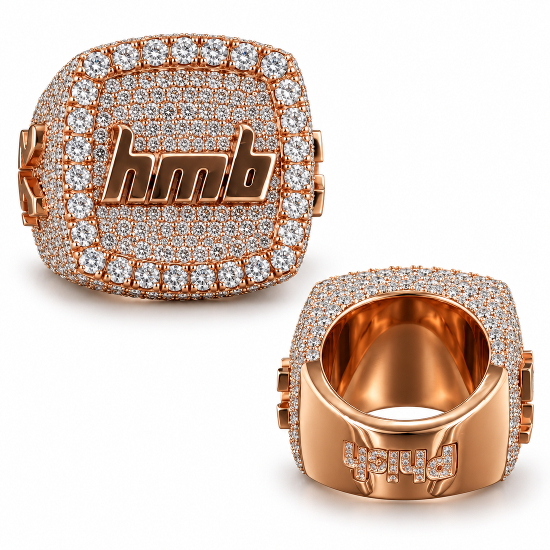 Custom Letter Logo Iced Out Rose Gold-Tone Square Ring – Hip Hop Statement Jewelry