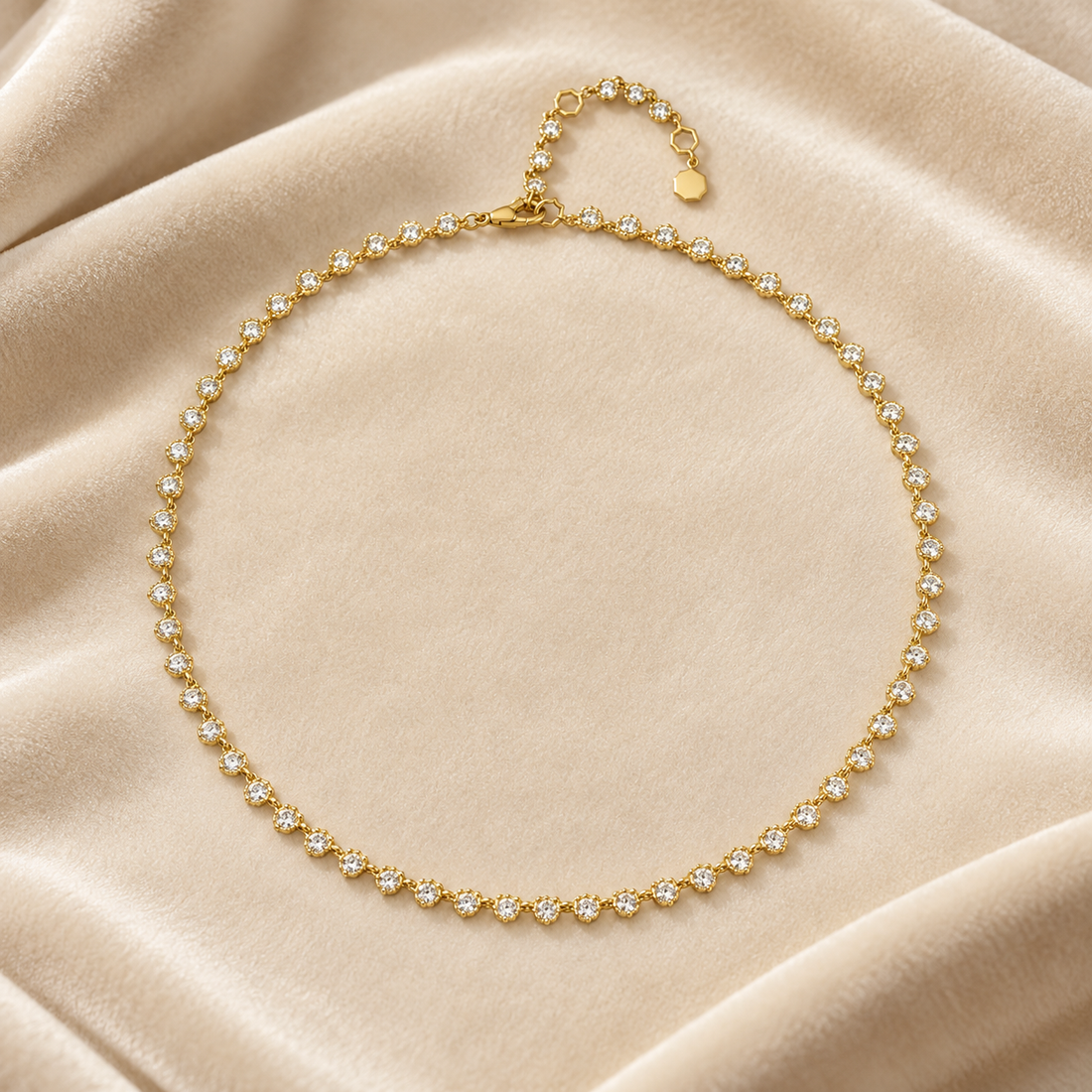 Round Cut Scalloped Bezel Yellow Gold Tennis Necklace