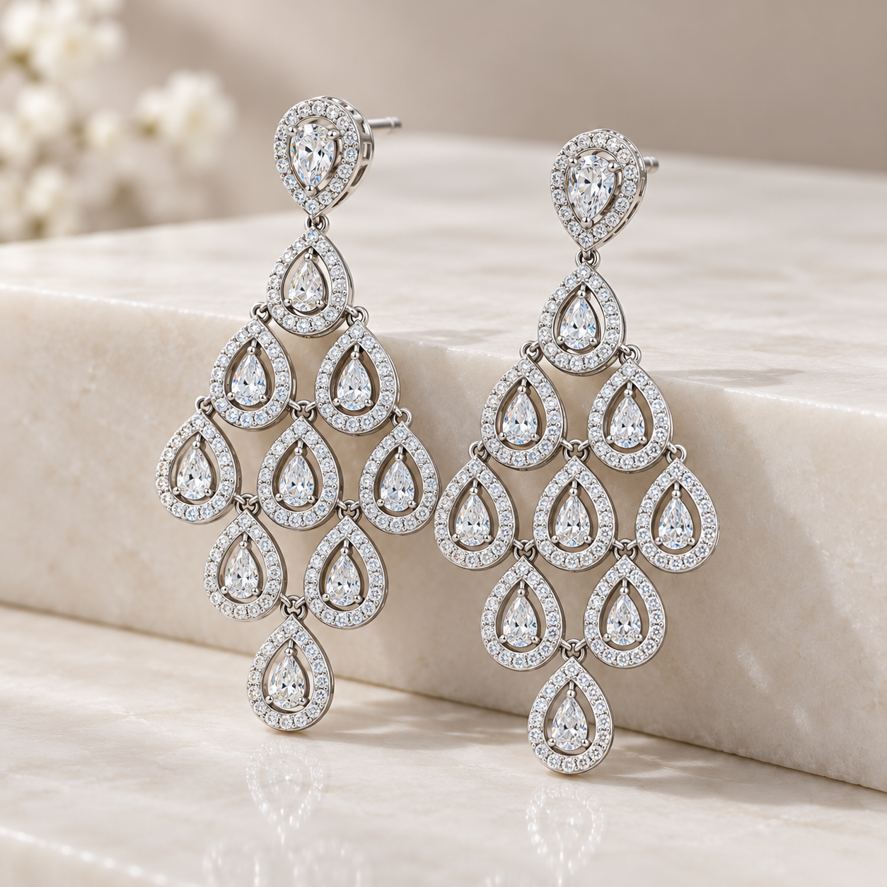 Pear-Shaped Pavé Teardrop Chandelier Earrings in White Gold Tone