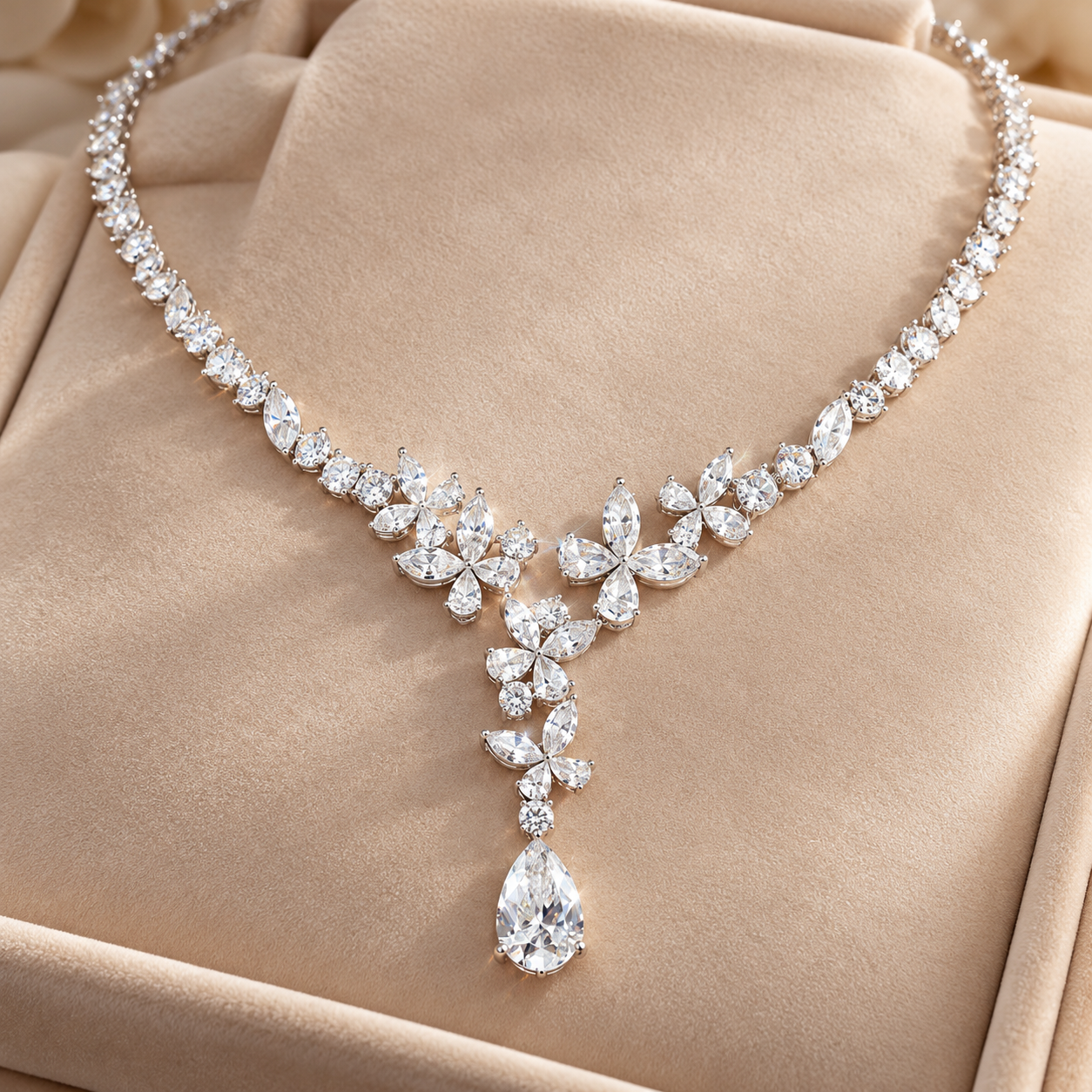 Marquise Floral Pear Drop White Gold Y Necklace