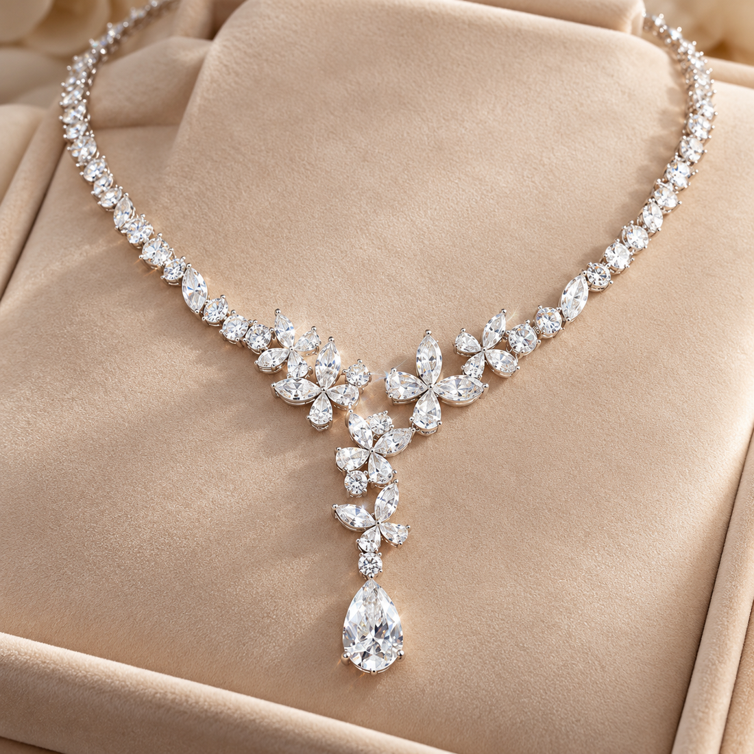 Marquise Floral Pear Drop White Gold Y Necklace