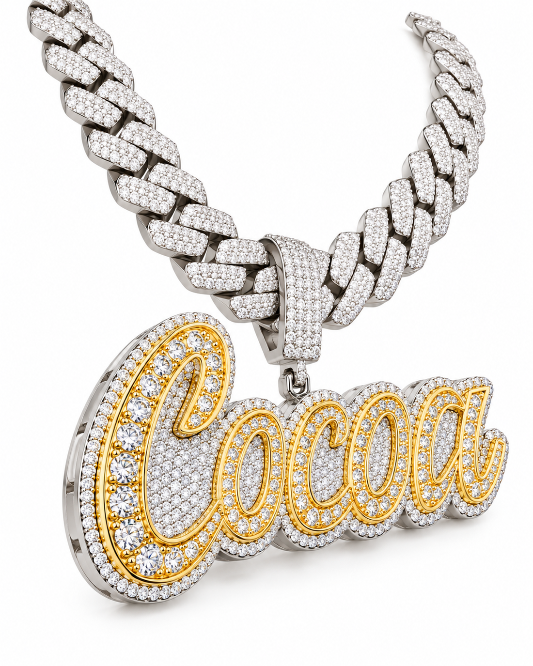 Custom Iced Out Cocoa Script Name Pendant with Two-Tone Finish