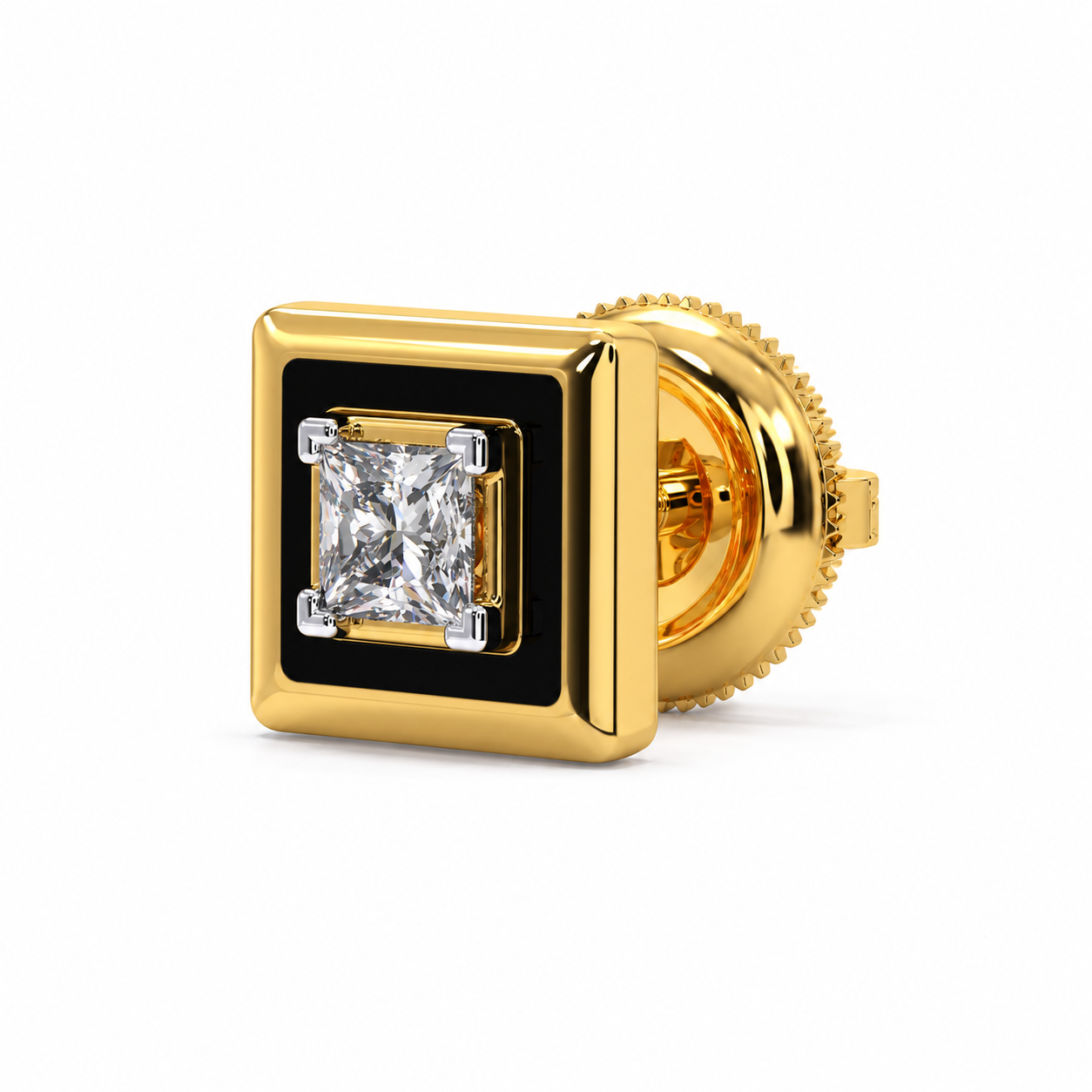 Men’s Black Square Yellow Gold-Tone Stud Earring with Princess Cut Center Stone
