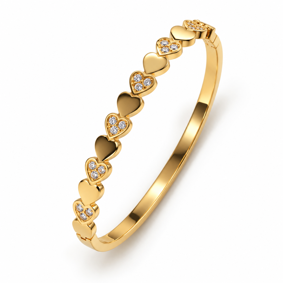 Alternating Heart Clear Stone Yellow Gold-Tone Bangle Bracelet
