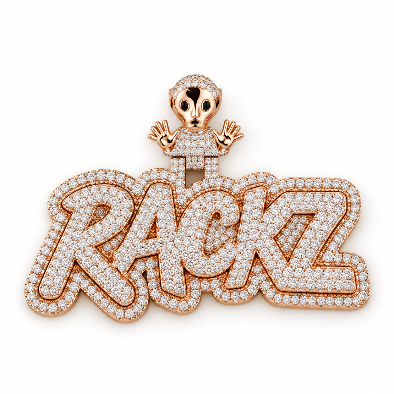 Custom RACKZ Alien Iced Out Rose Gold-Tone Name Pendant – Personalized Hip Hop Jewelry