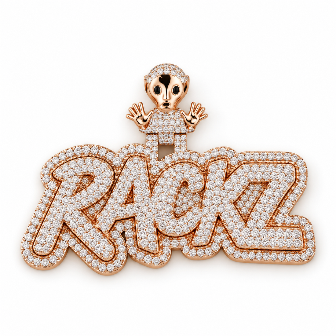 Custom RACKZ Alien Iced Out Rose Gold-Tone Name Pendant – Personalized Hip Hop Jewelry