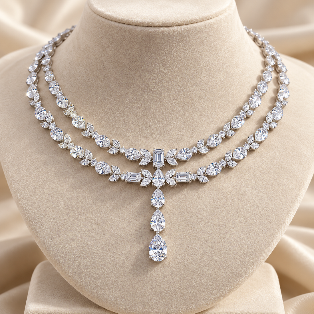 Double Row Marquise & Pear Drop White Gold Statement Necklace