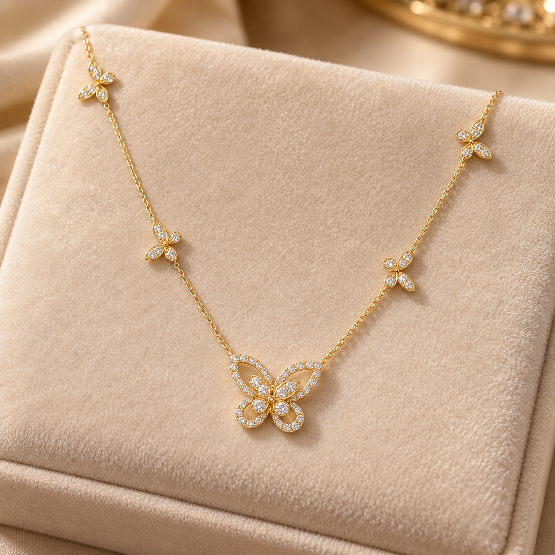Five Butterfly Pavé Round Stone Yellow Gold Station Necklace
