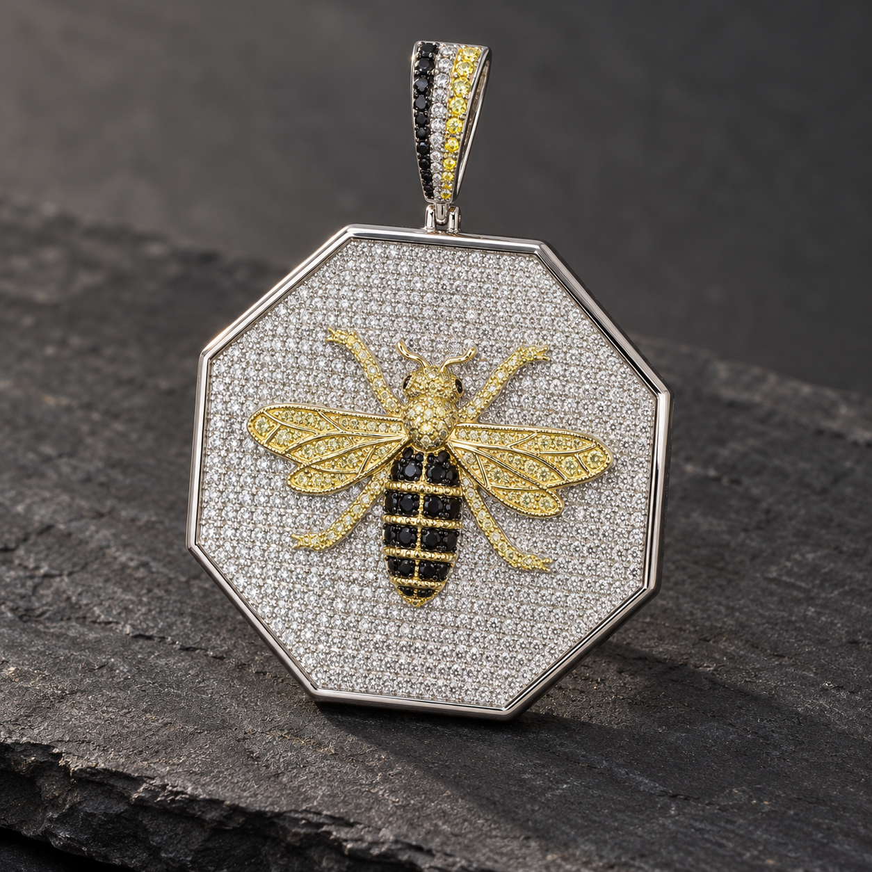 Octagonal Pavé Bee Pendant with Yellow Gold-Tone Detailing and Black Stone Accents