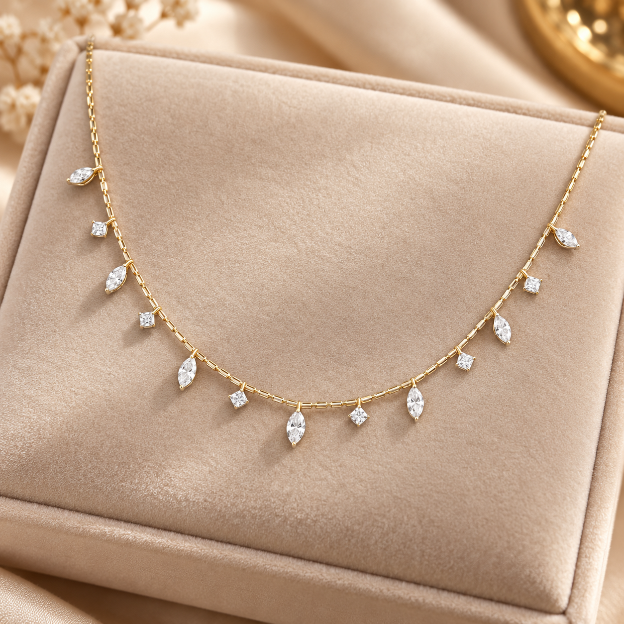 Marquise & Princess Cut Drop Yellow Gold Station Necklace