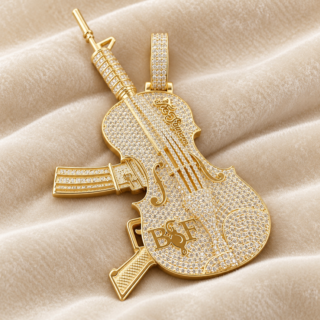 Iced Out Violin Rifle Pendant – Custom Yellow Gold Tone Hip Hop Jewelry