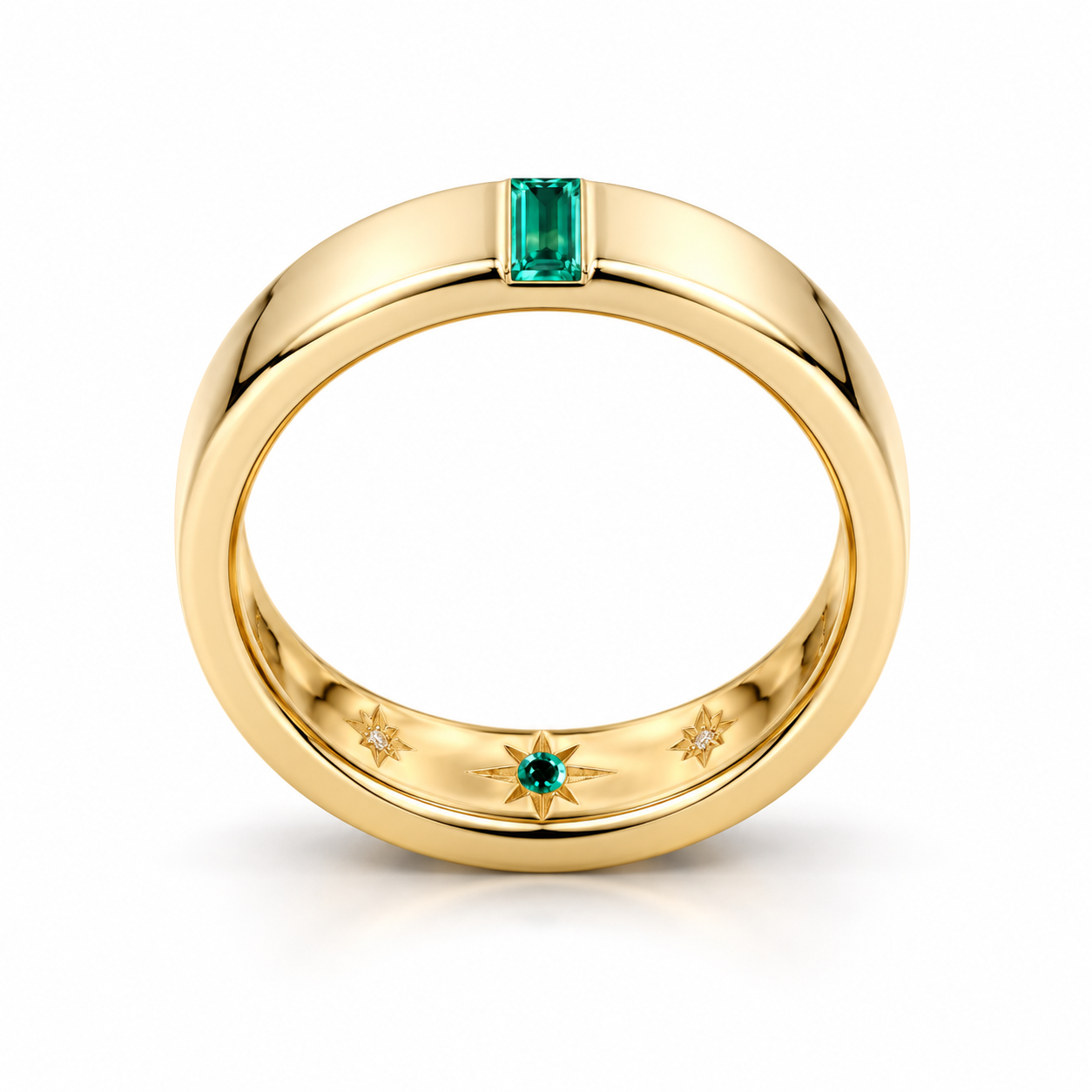 Green Baguette Yellow Gold-Tone Band Ring with Inner Starburst Detail