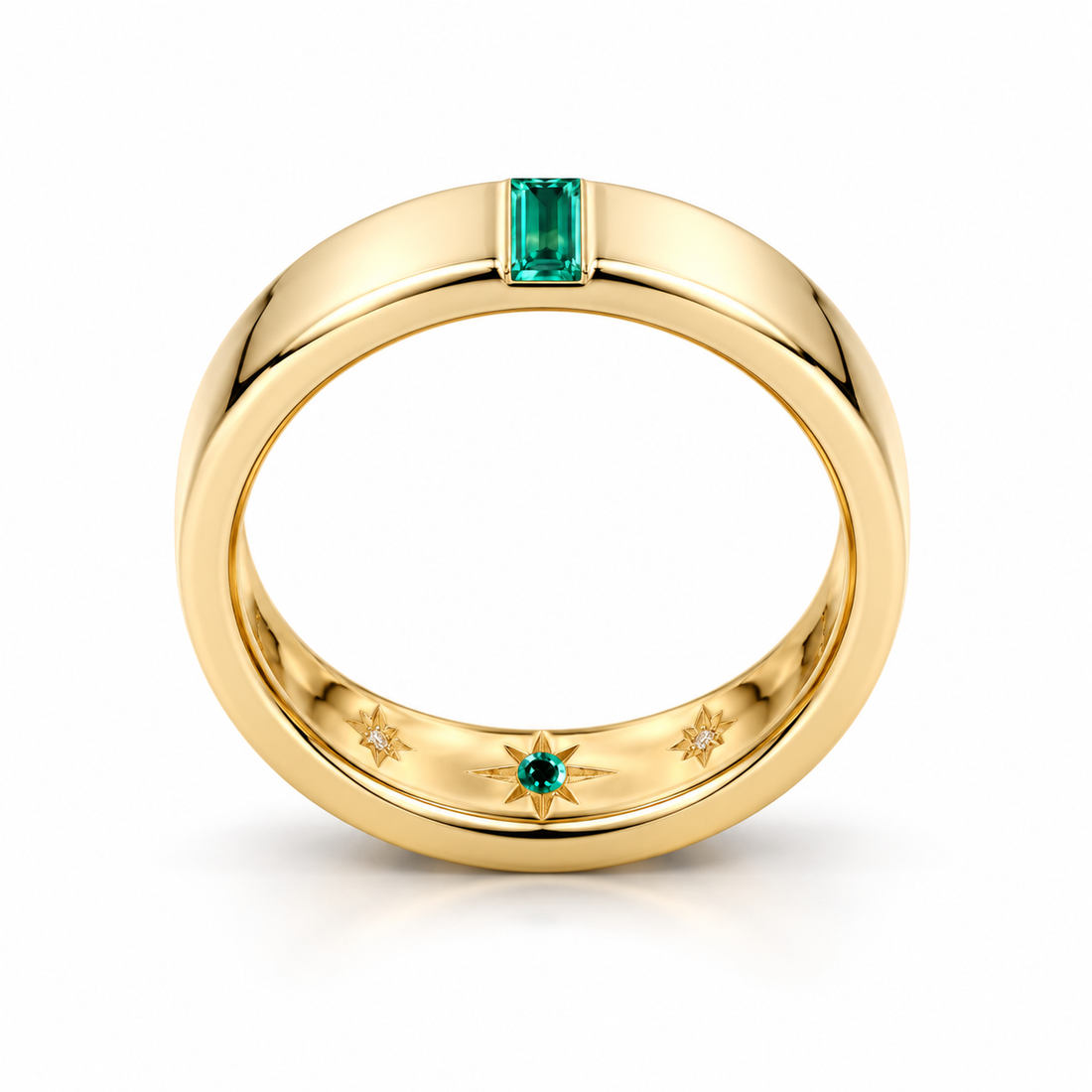 Green Baguette Yellow Gold-Tone Band Ring with Inner Starburst Detail