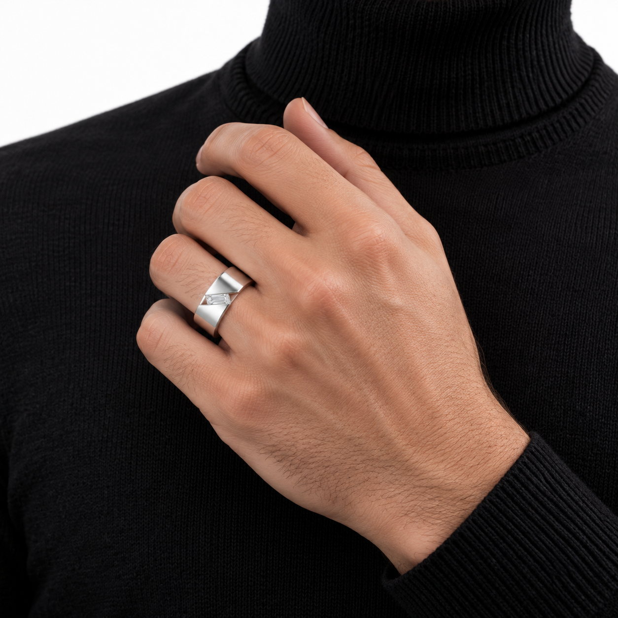 Diagonal Baguette Solitaire White Metal Wide Band Ring