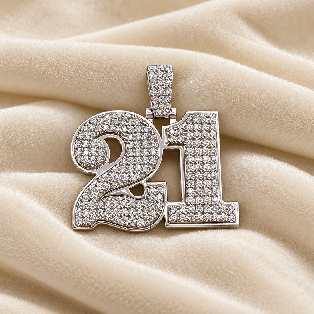 Iced Out Number 21 Pendant – Custom White Gold Tone Hip Hop Jewelry