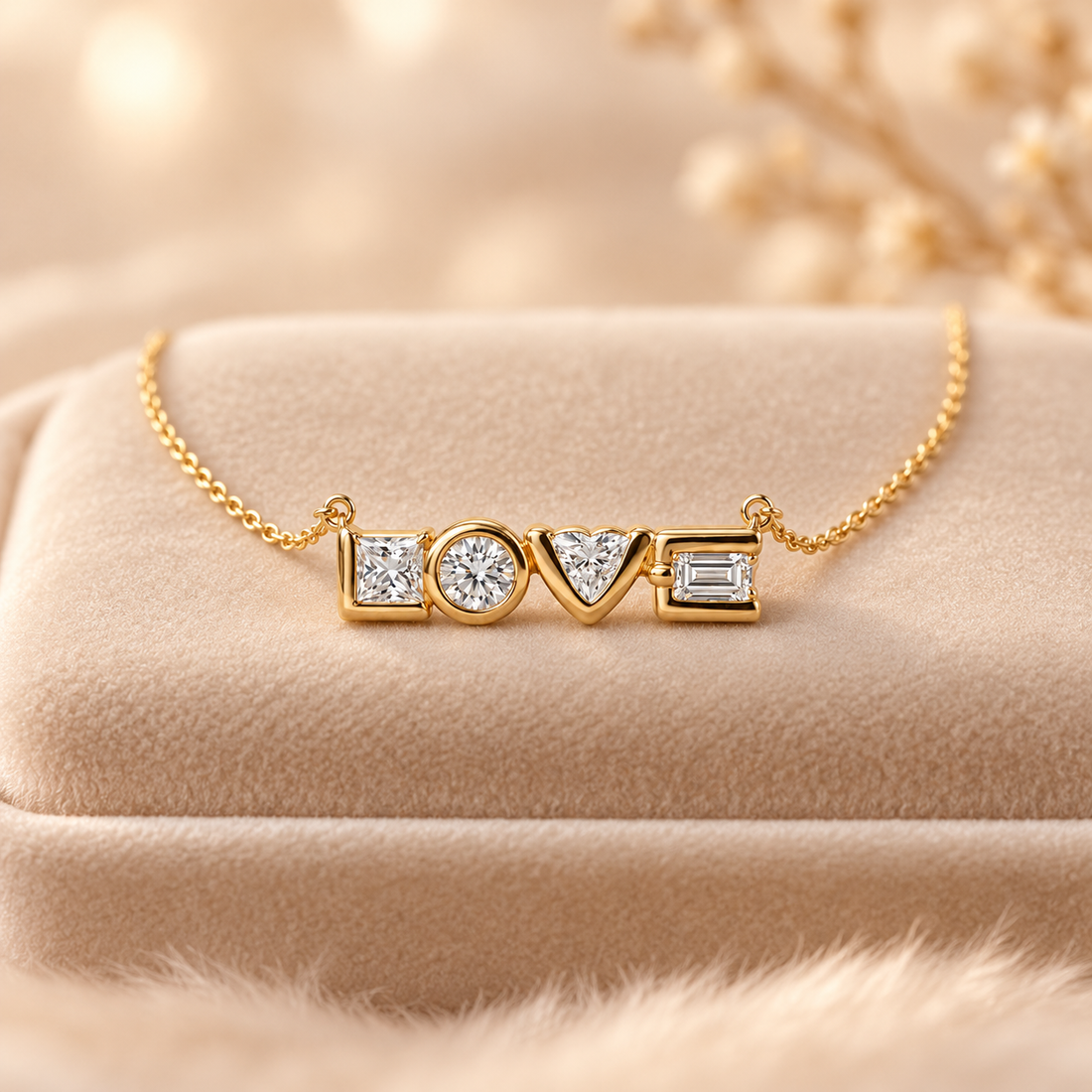 LOVE Mixed Cut Four Stone Yellow Gold Necklace