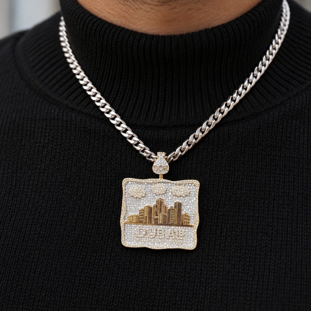 Dubai Skyline Yellow Gold-Tone Pavé Pendant with Cloud Details and Money Bag Bail