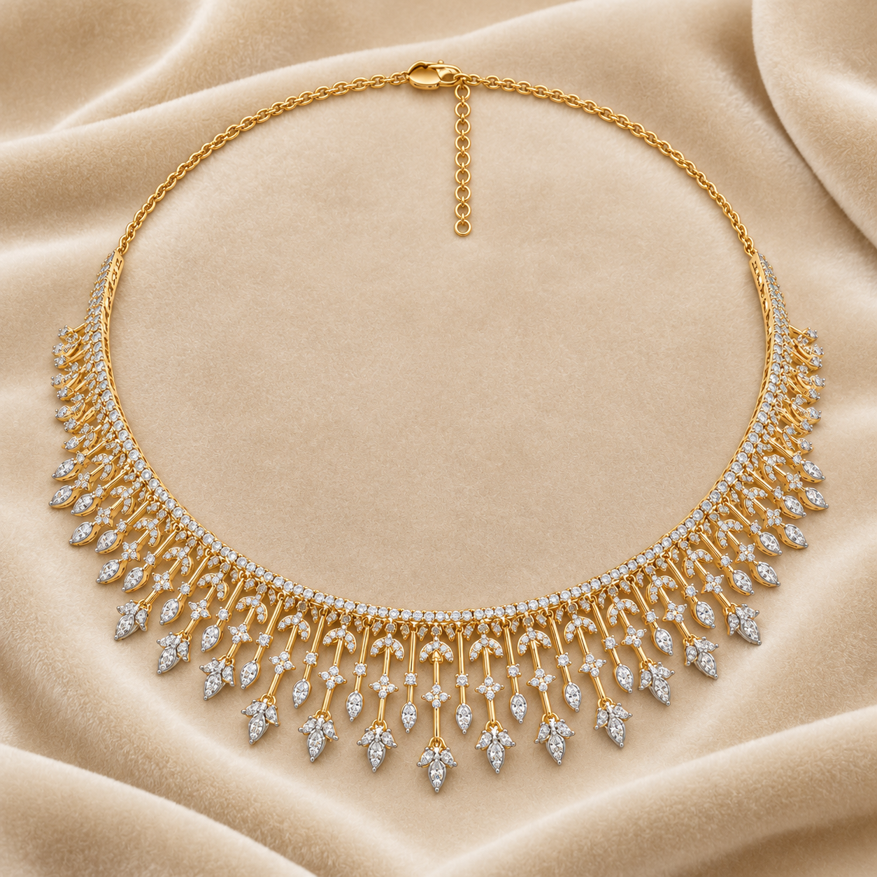 Marquise Leaf Fringe Pavé Yellow Gold Bridal Statement Necklace