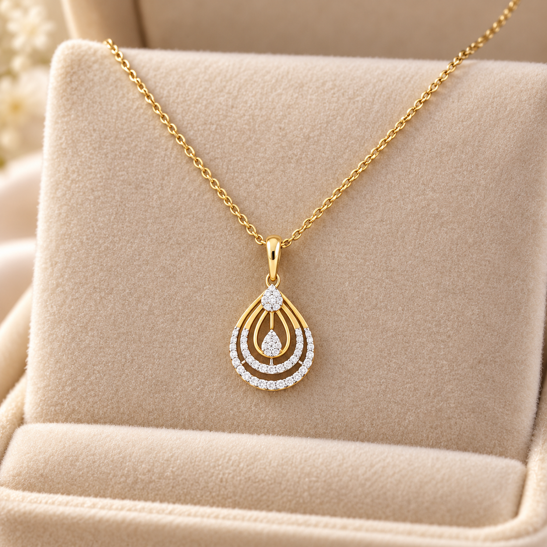 Layered Teardrop Pavé Cluster Yellow Gold Pendant Necklace