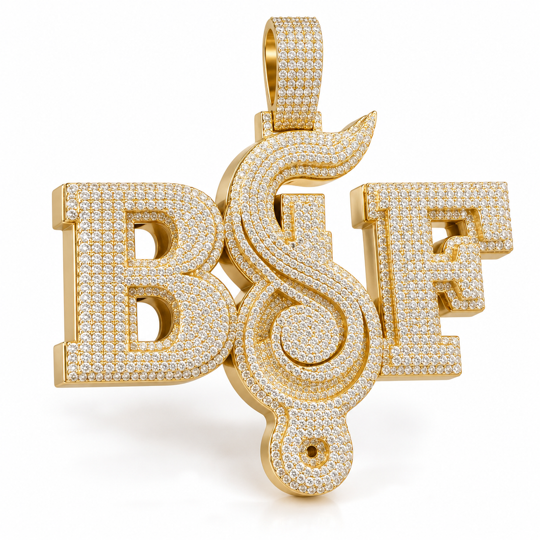 Custom BSF Scroll Letter Pendant – Iced Out Gold Tone Hip Hop Jewelry