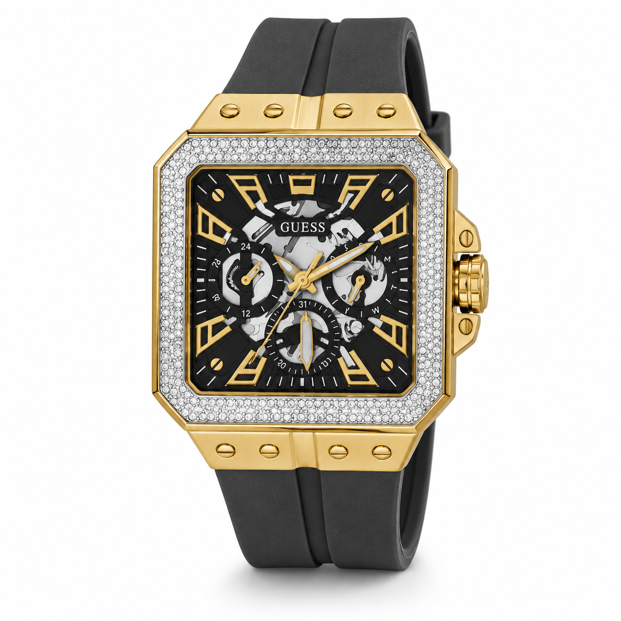 Men’s Gold-Tone Rectangular Pavé Bezel Black Strap Watch
