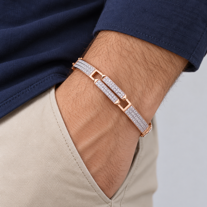 Rose Gold-Tone Double Bar Pavé Bangle with Three-Row Shoulders
