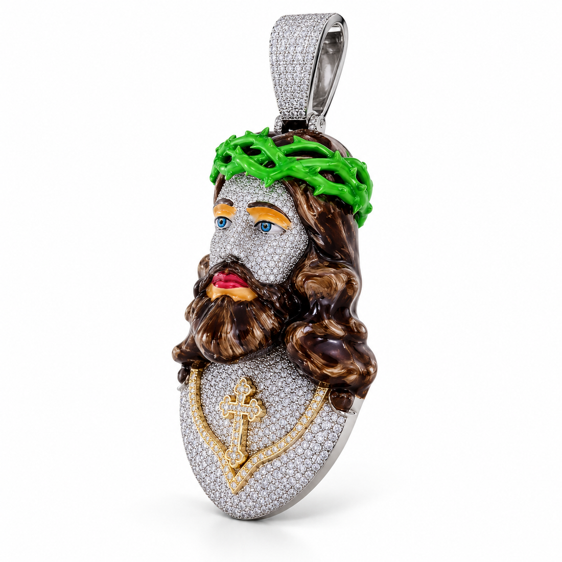 Iced Out Jesus Christ Head Pendant | Multicolor Crown of Thorns Hip Hop Jewelry