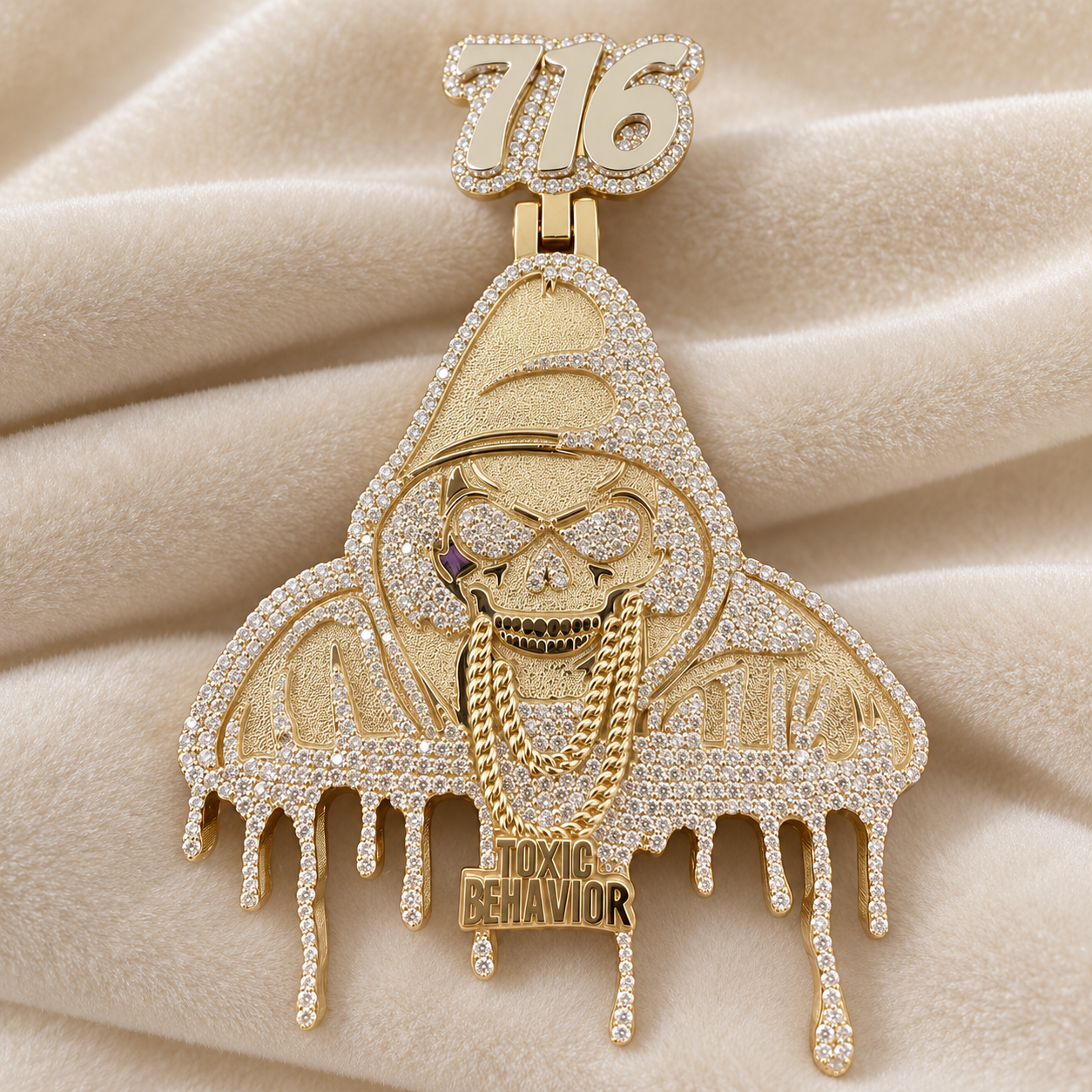 716 Hooded Skull Toxic Behavior Pendant – Custom Iced Out Gold Tone Hip Hop Jewelry