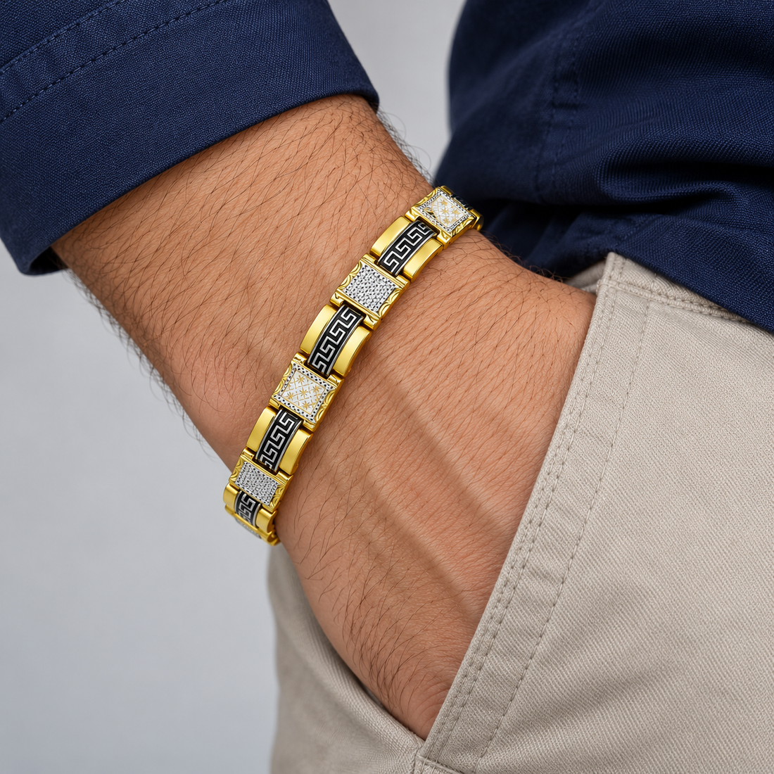 Gold-Tone Black Greek Key and Decorative Square Panel Link Bracelet