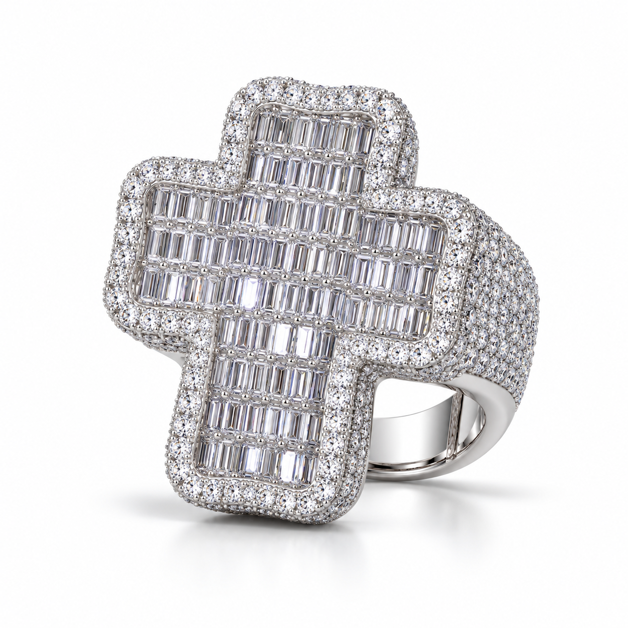 Baguette Cross Iced Out White Gold-Tone Hip Hop Ring – Custom Statement Jewelry
