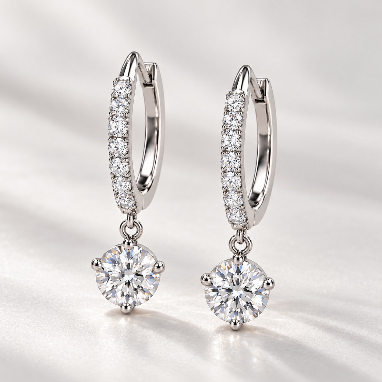 Round Solitaire Drop Earrings with Pavé Hinged Hoops
