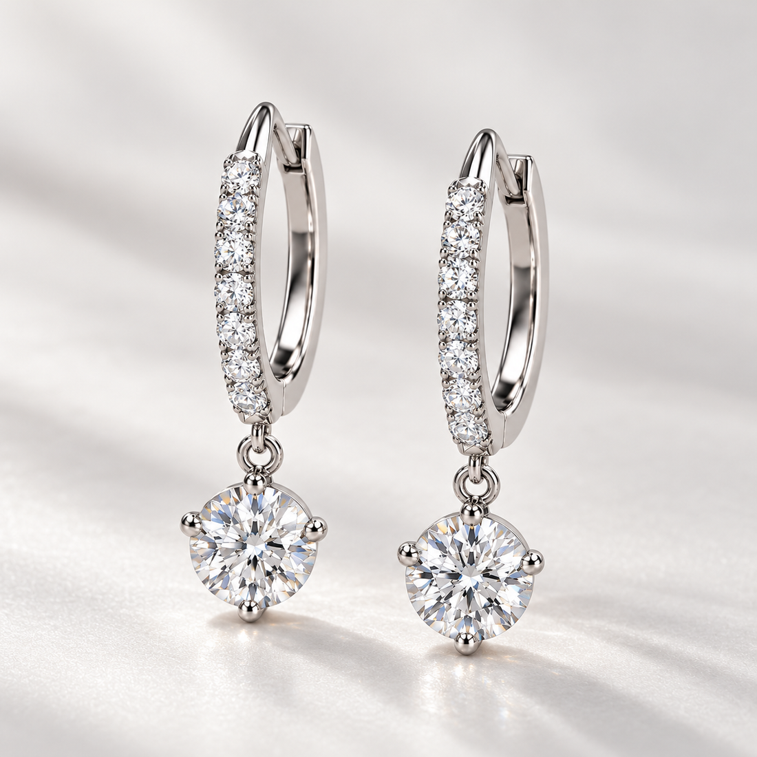 Round Solitaire Drop Earrings with Pavé Hinged Hoops