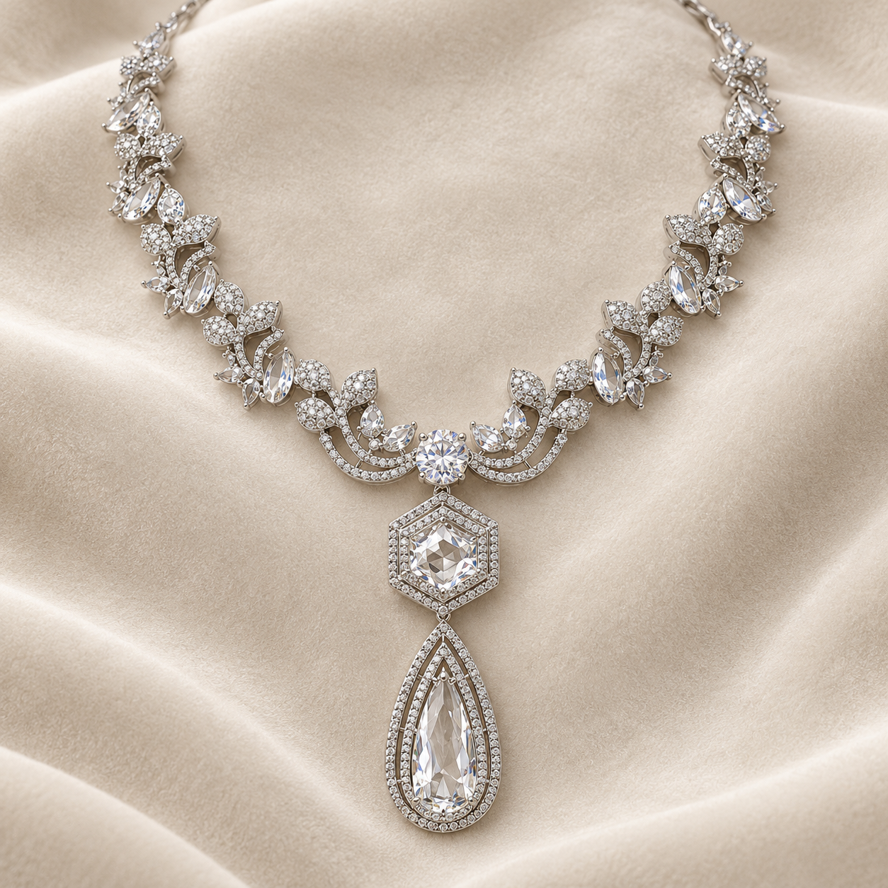 Marquise Floral Hexagon Pear Drop White Gold Statement Necklace