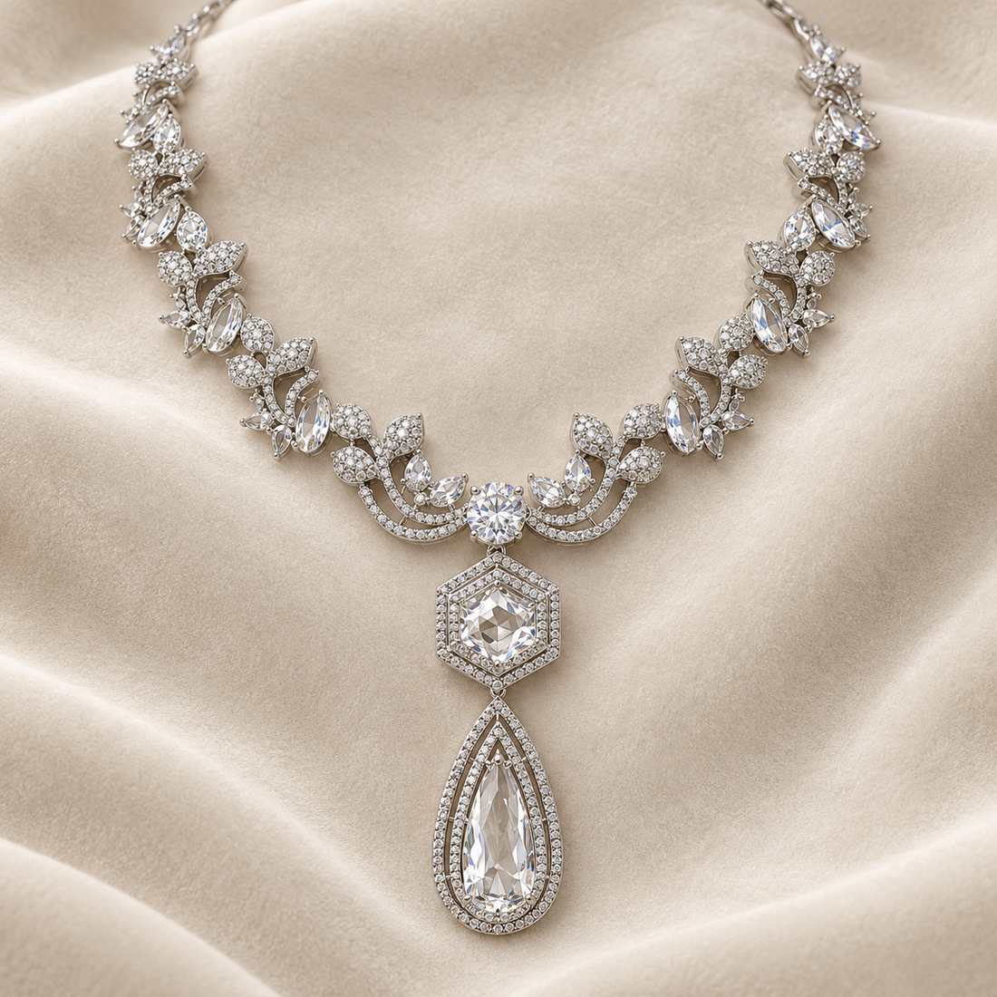 Marquise Floral Hexagon Pear Drop White Gold Statement Necklace