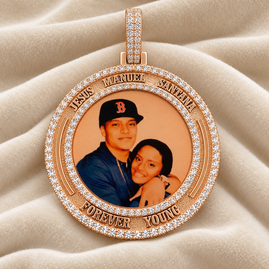 Custom Forever Young Round Photo Pendant – Rose Gold Tone Iced Out Memorial Jewelry