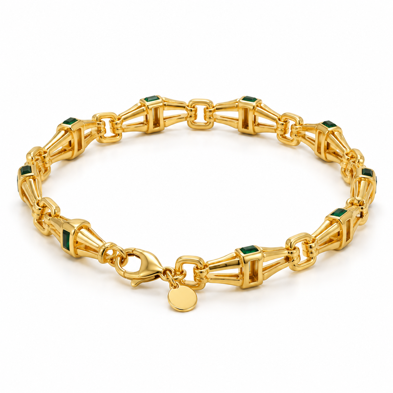 Green Rectangular Stone Yellow Gold-Tone Geometric Link Bracelet