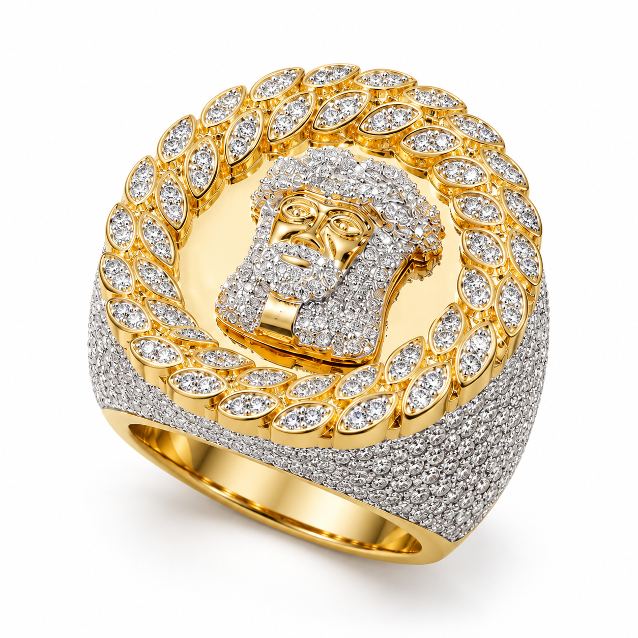 Jesus Head Laurel Wreath Iced Out Hip Hop Statement Ring