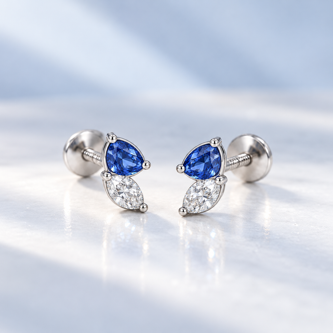 Blue Pear & Clear Marquise Two-Stone Stud Earrings