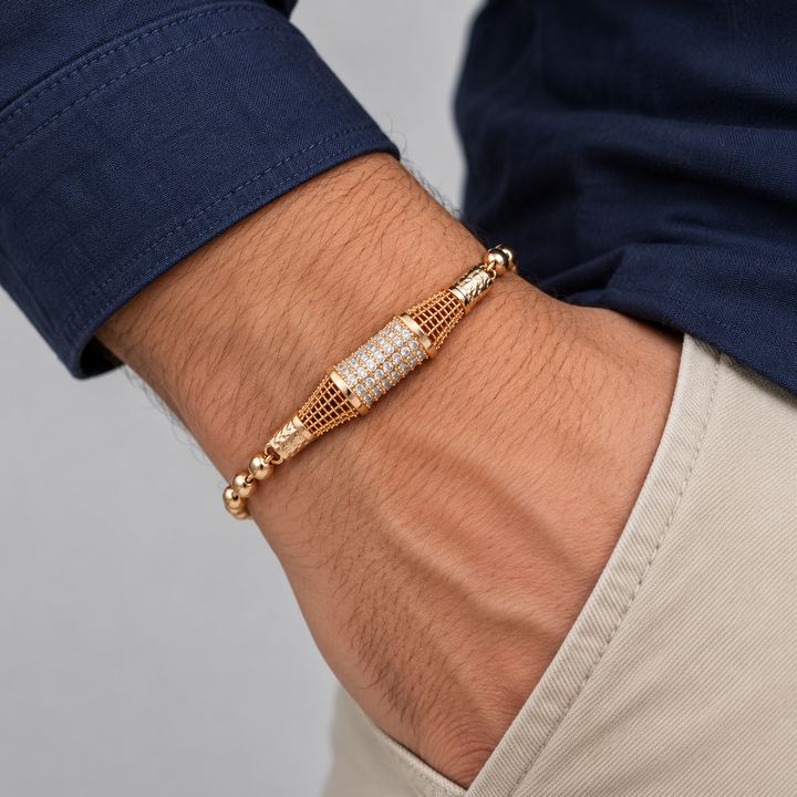 Gold-Tone Clear Stone Barrel Centerpiece Beaded Link Bracelet