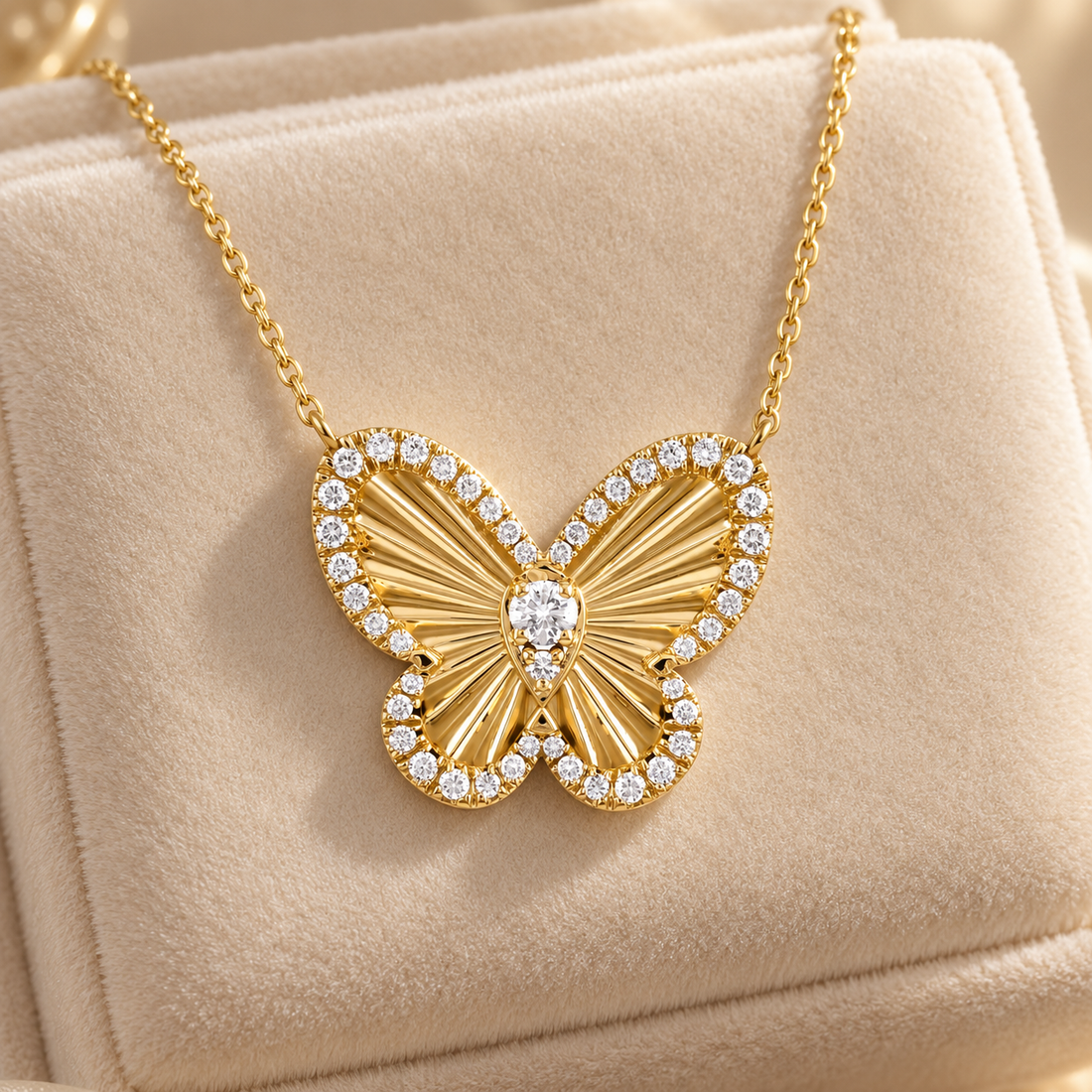 Round Cut Pavé Ribbed Butterfly Yellow Gold Necklace