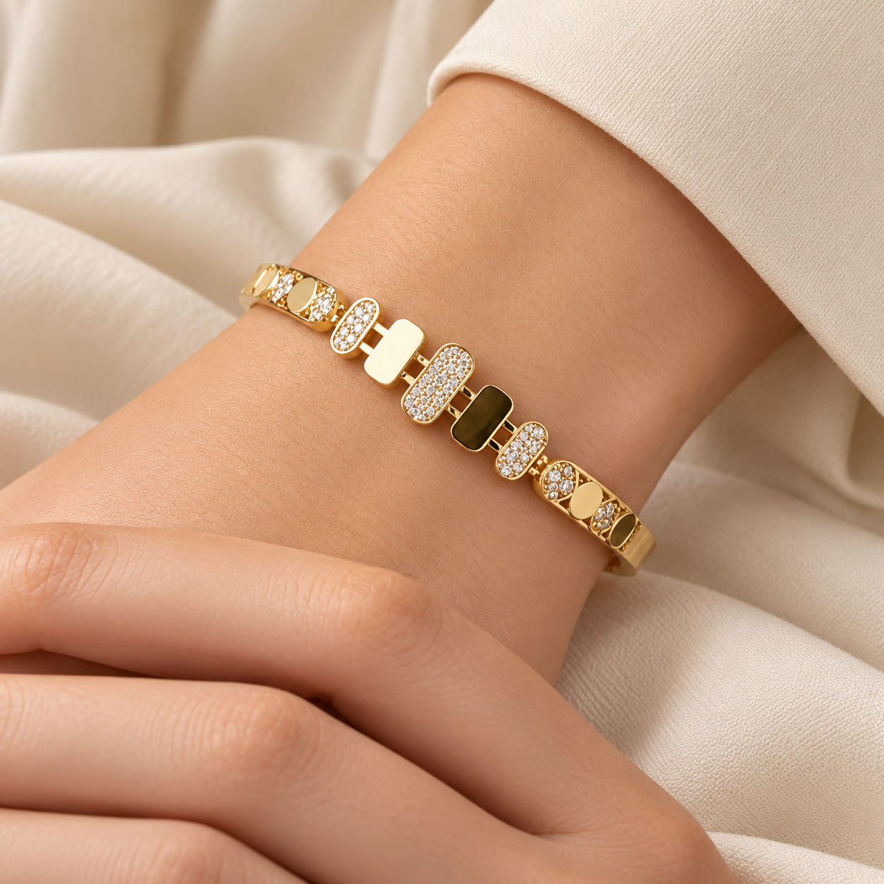 Clear Stone Pavé Rounded Rectangle Yellow Gold-Tone Bangle Bracelet