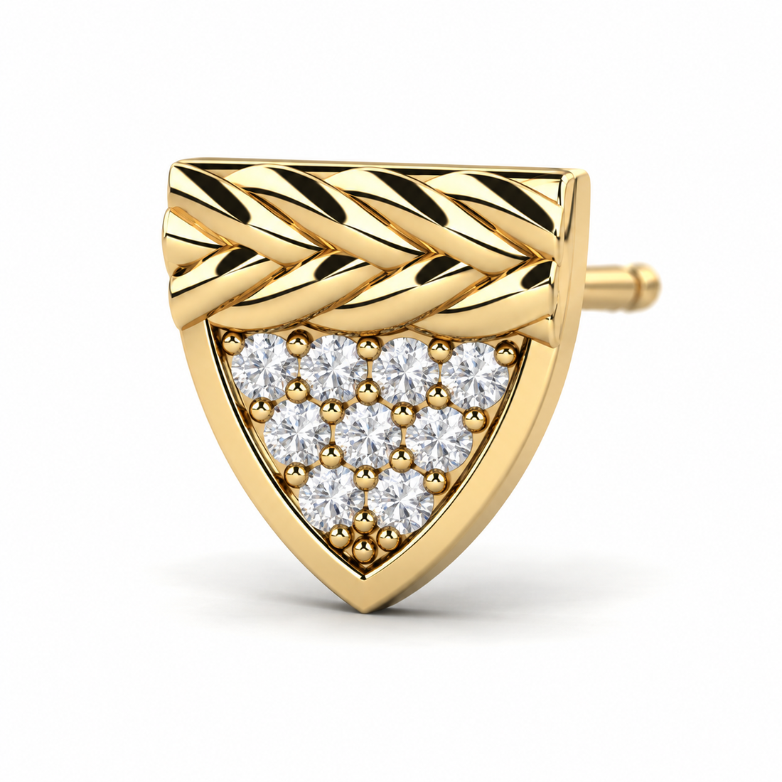 Men’s Shield Yellow Gold-Tone Stud Earring with Braided Detail and Round Stones