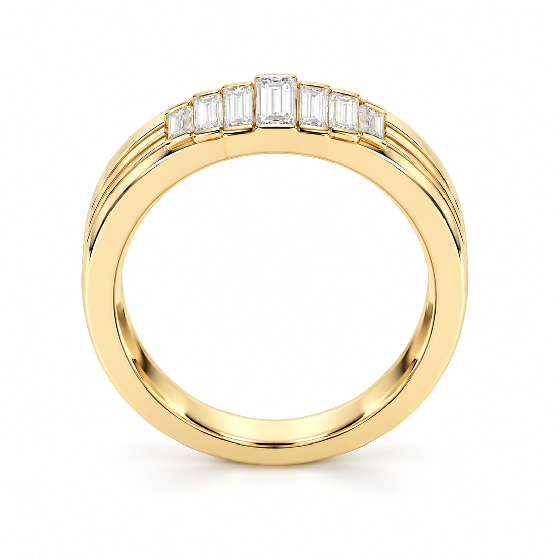 Seven Stone Graduated Baguette Yellow Gold-Tone Grooved Band Ring