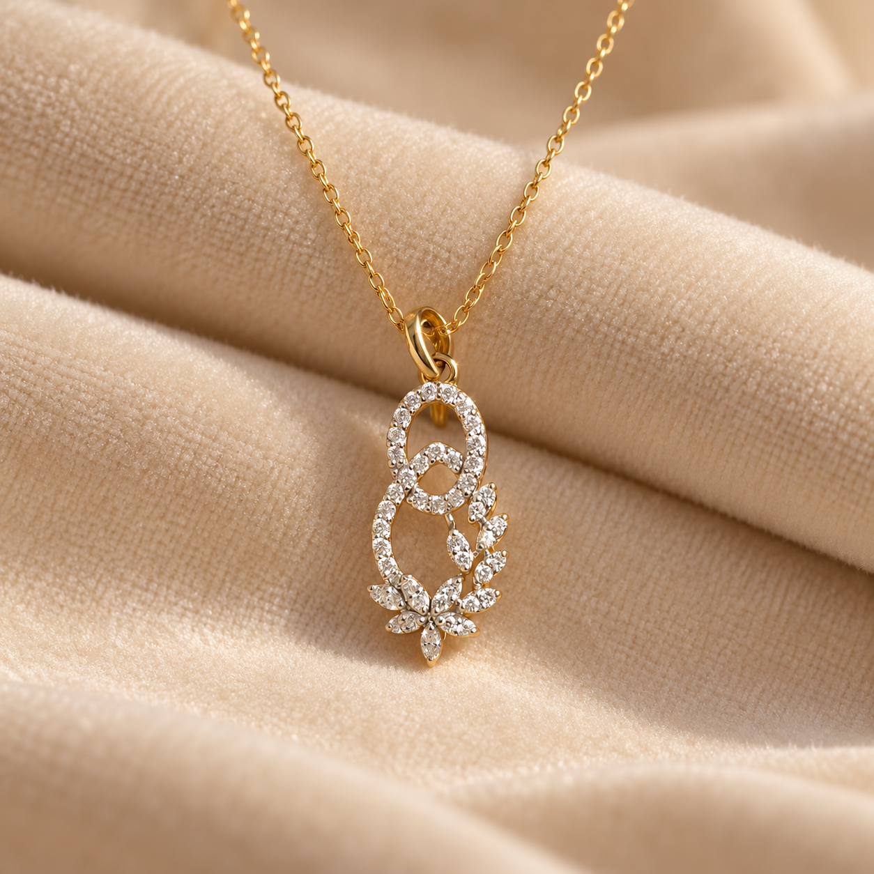 Interlocking Oval Marquise Floral Yellow Gold Pendant Necklace