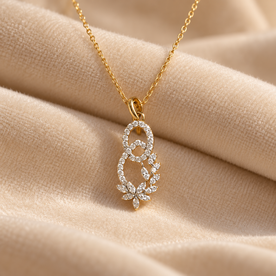 Interlocking Oval Marquise Floral Yellow Gold Pendant Necklace