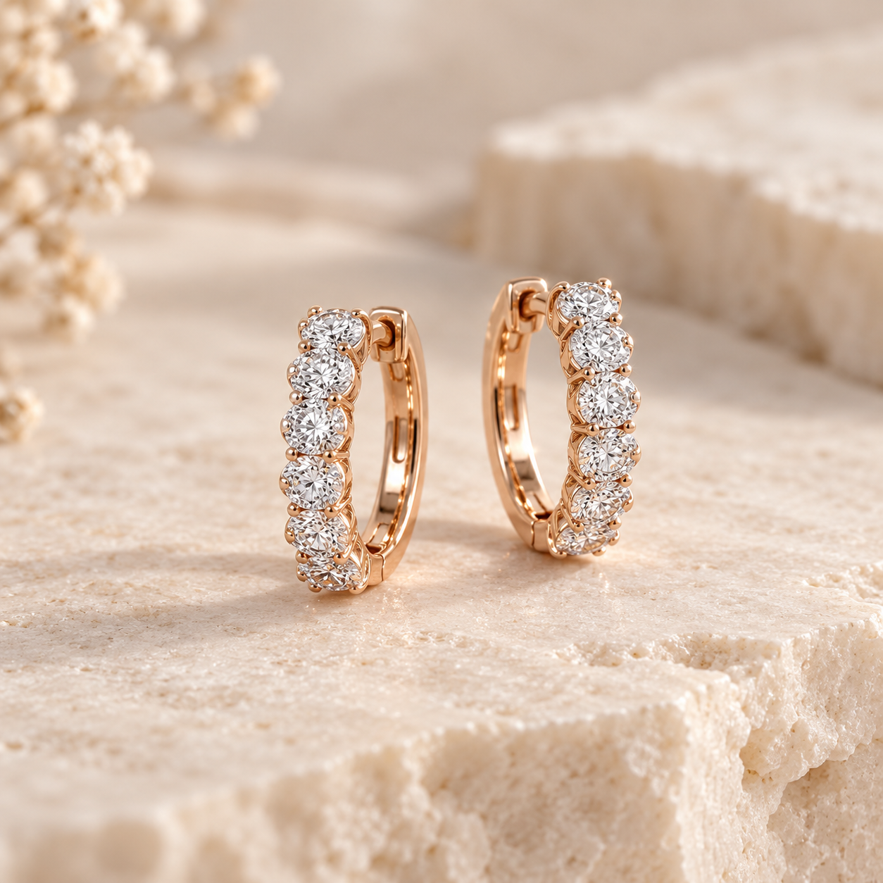 Round Stone Six-Stone Hoop Earrings in Rose Gold Tone