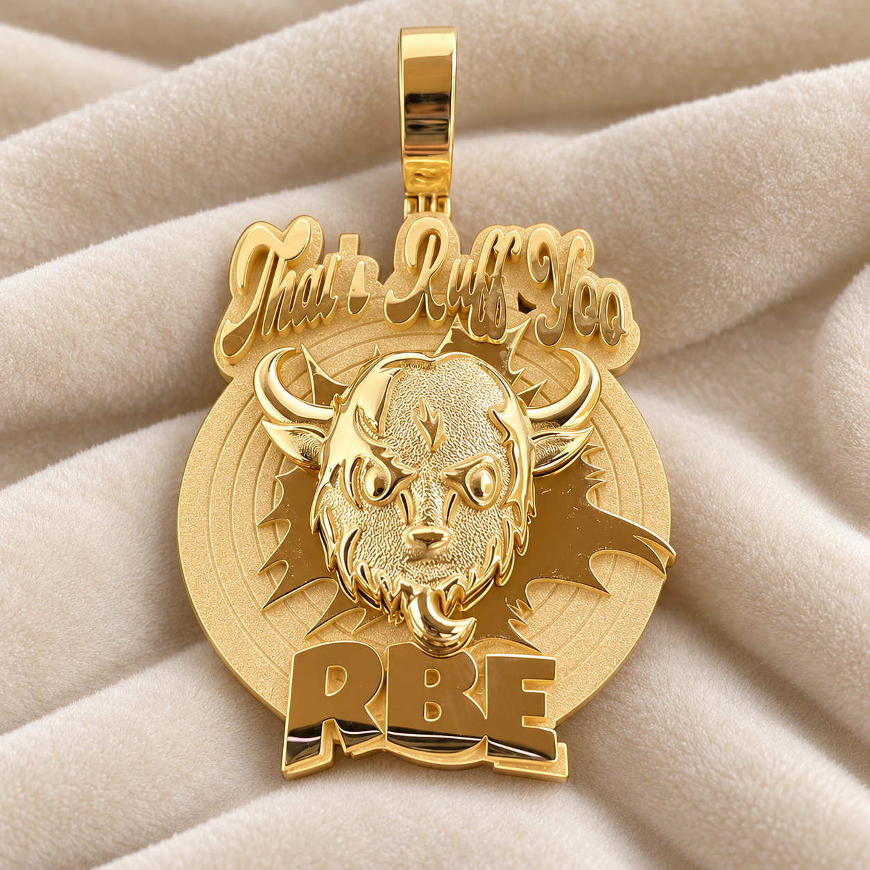 Custom Buffalo Head RBE Medallion Pendant – Polished Gold Tone Hip Hop Jewelry