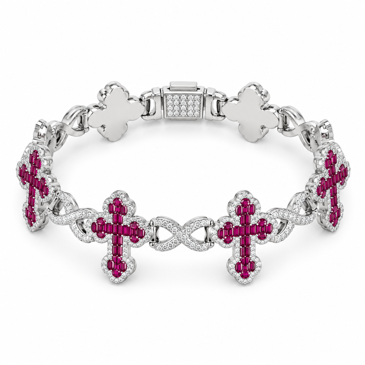 Ruby Pink Cross & Infinity Link White Gold-Tone Bracelet – Custom Iced Out Jewelry