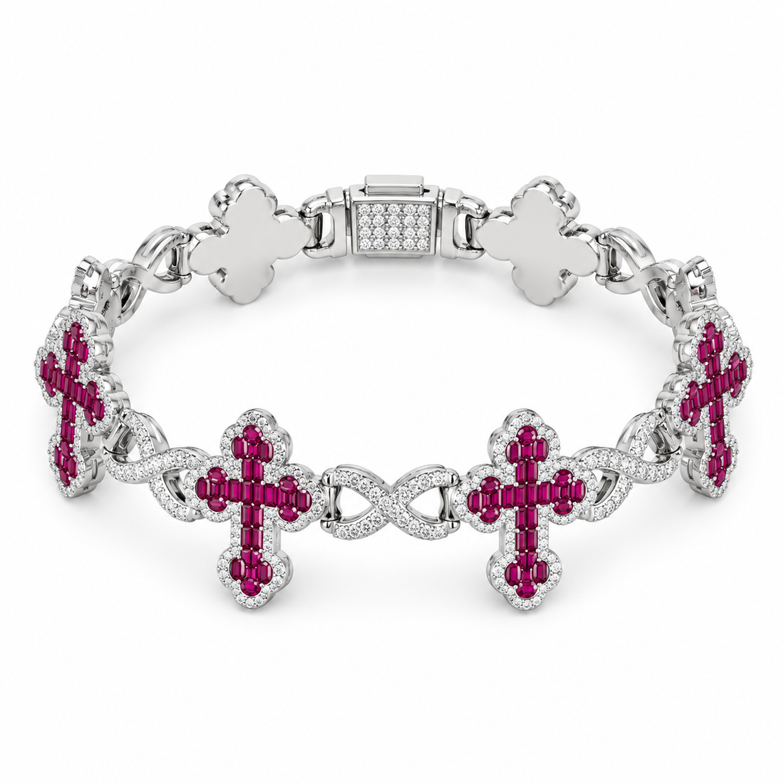 Ruby Pink Cross & Infinity Link White Gold-Tone Bracelet – Custom Iced Out Jewelry