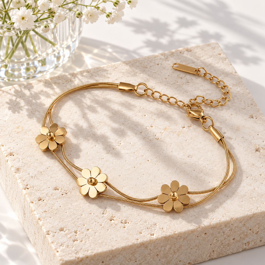 Polished Daisy Flower Double Snake Chain Yellow Gold-Tone Bracelet